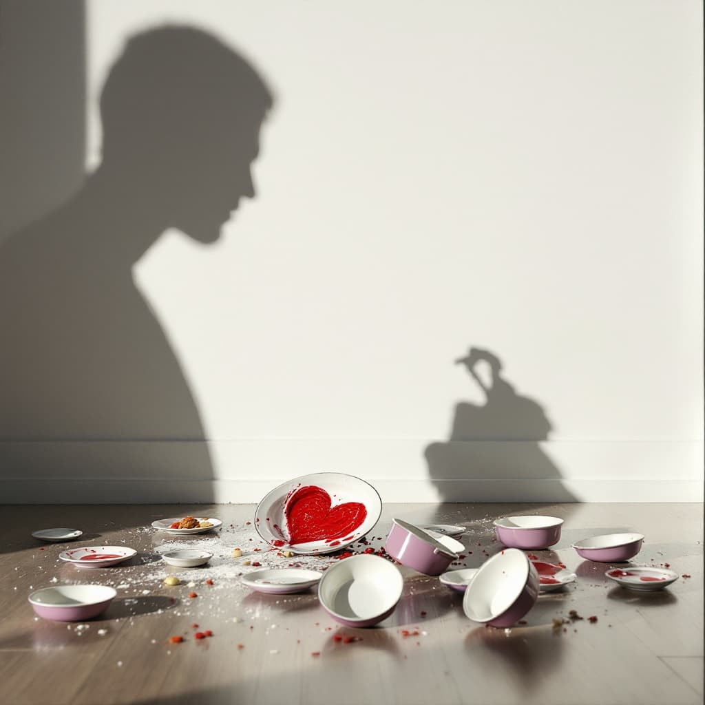AI generated: on a white wall, a man's shadow is seen looming, in front of the wall, on the floor, a plate is brok...