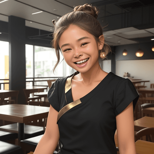 AI generated: An image of a laughing young Balinese woman with light brown hair in a messy bun, standing in an ind...