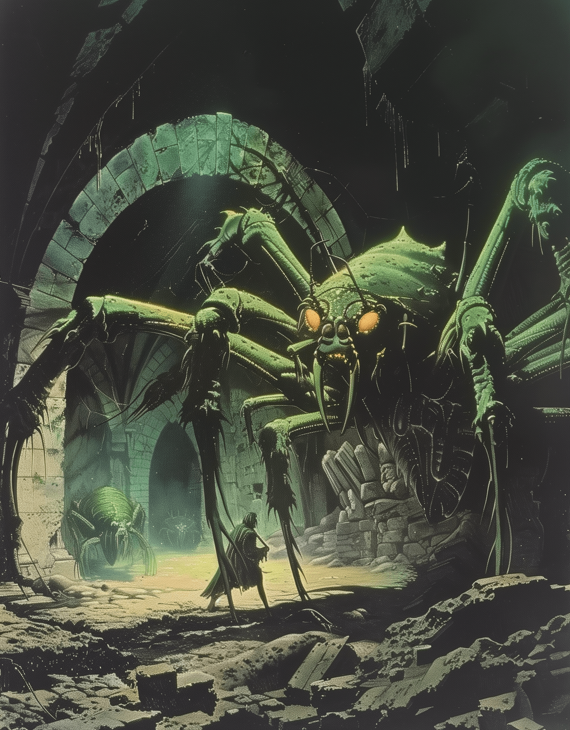 AI generated: 70s dark fantasy art style, a gigantic green insect with glowing eyes and a long chitinous carapace ...