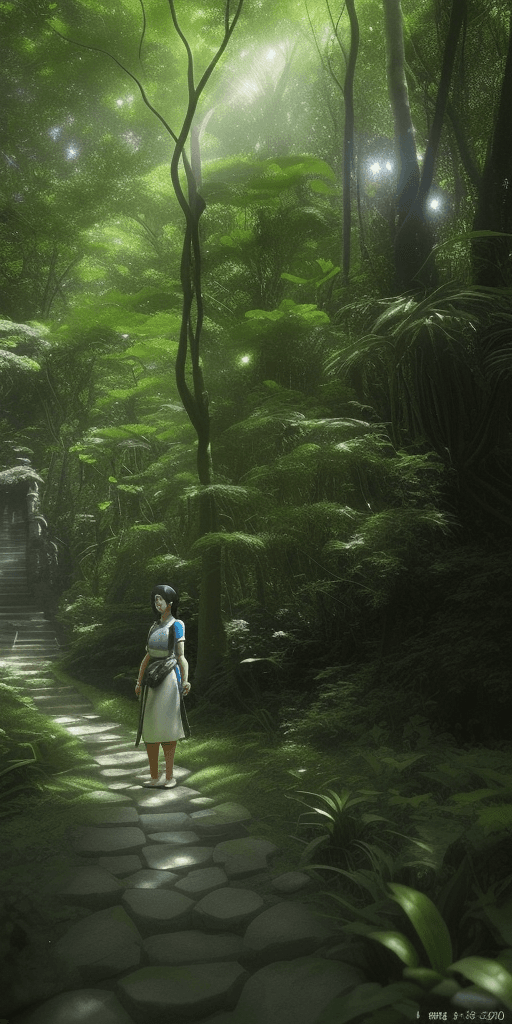 AI generated: Indonesian goddes on rough path leading in shade tropical forest with sunlight filtering through the...