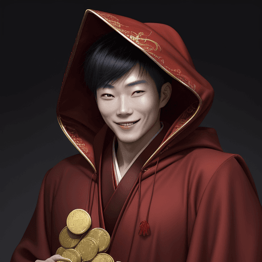 AI generated: High resolution picture. korean man wearing a regal red robe with hood. he is smiling mischievously ...