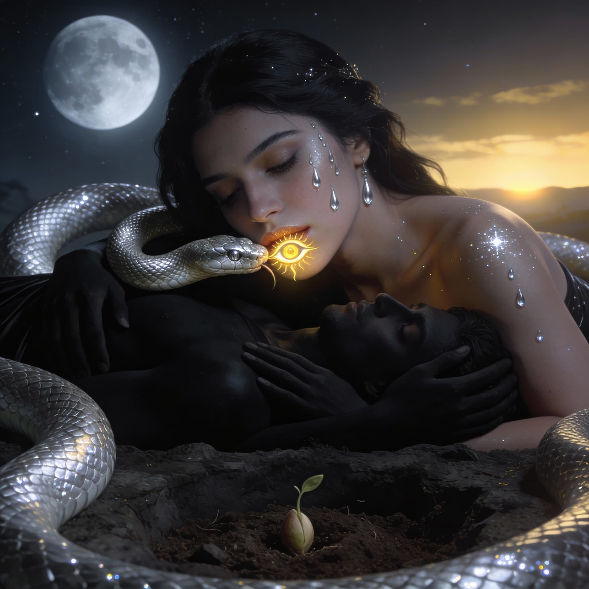 AI generated: 4K, image. 
She came to me with a serpent's kiss
As the Eye of the Sun rose on her lips.
Moonlight c...