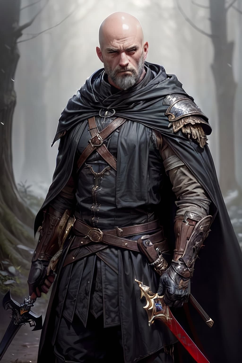 AI generated: portrait of a young ranger man with a cold stare wearing a ((black cloak)) and armor (holding a swor...
