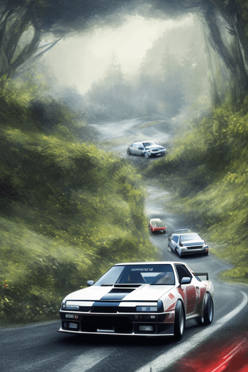 AI generated: cinematic poster-style real art concept of a Toyota AE86 drifting on a mountainous touge road, captu...