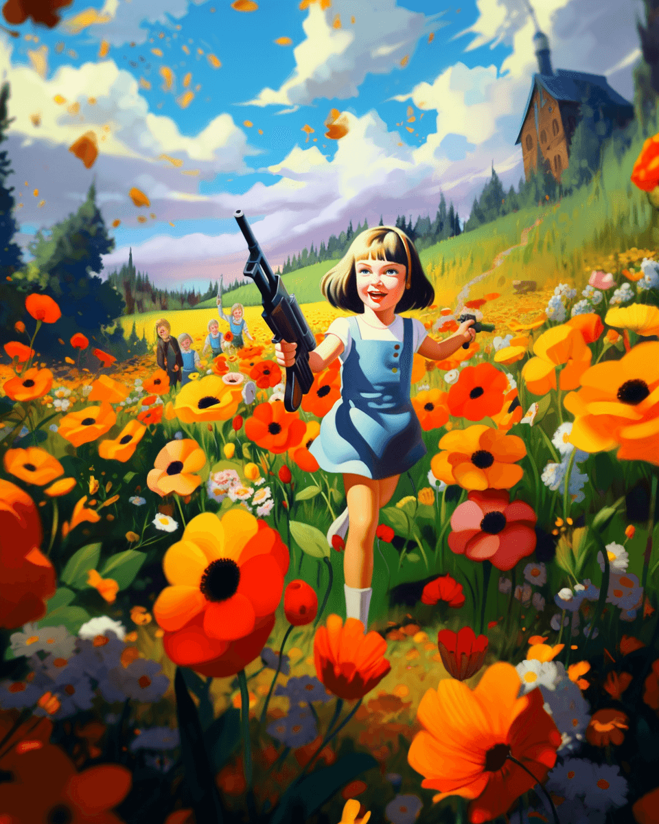 AI generated:  painting of little caucasian girl shooting with a revolver in the field of flowers in the style of ...