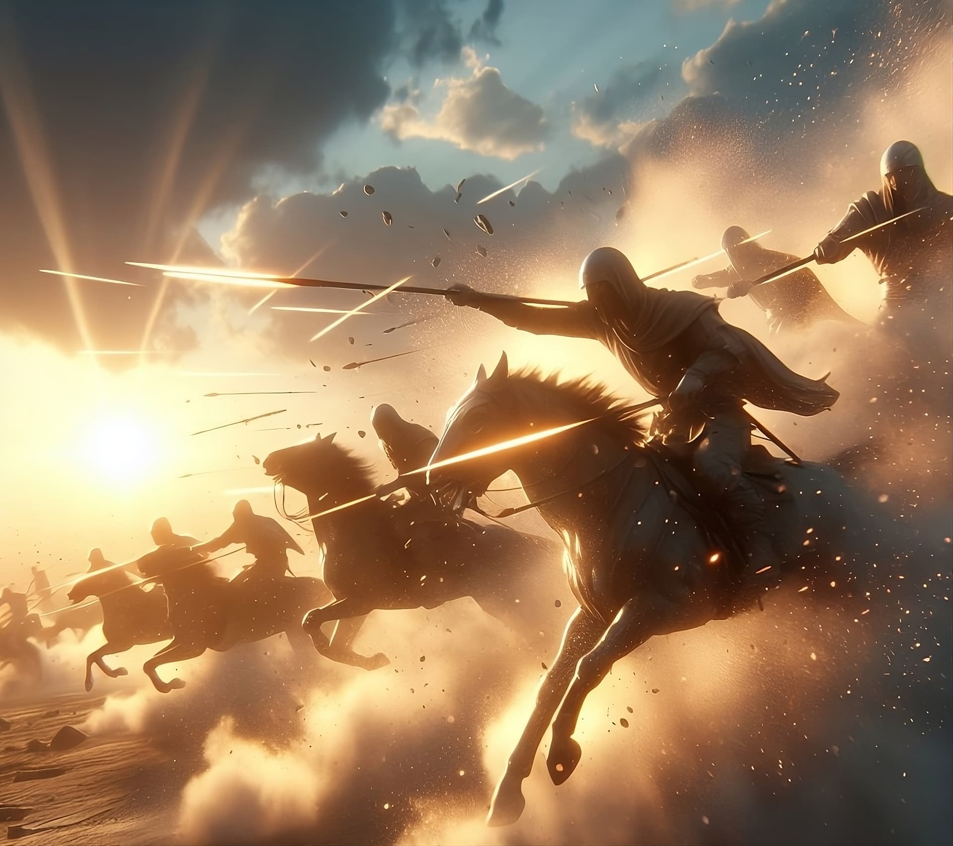 AI generated: a hyper-realistic 3D scene featuring messengers in action at sunrise. Use striking visual effects to...