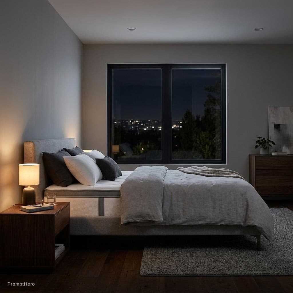 AI generated: place this matress on a bed in a bedroom moderne with a back xindox and furniture in a nghit
