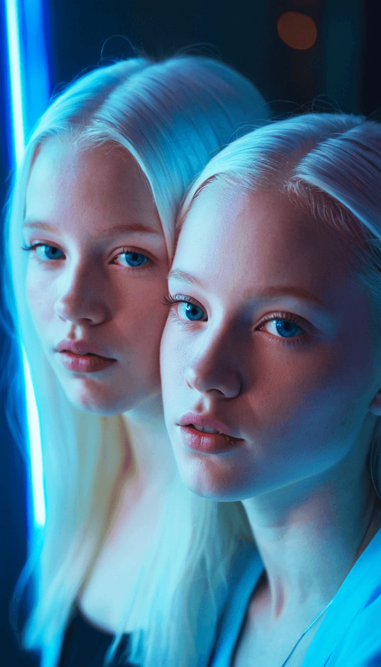 AI generated: Fashion photography, close portrait of two albino twin sisters in blue light at night club, volumetr...