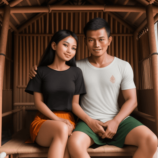 AI generated: photography, hd, handsome Indonesian man, sitting cross-legged in a hut in the forest next to a beau...