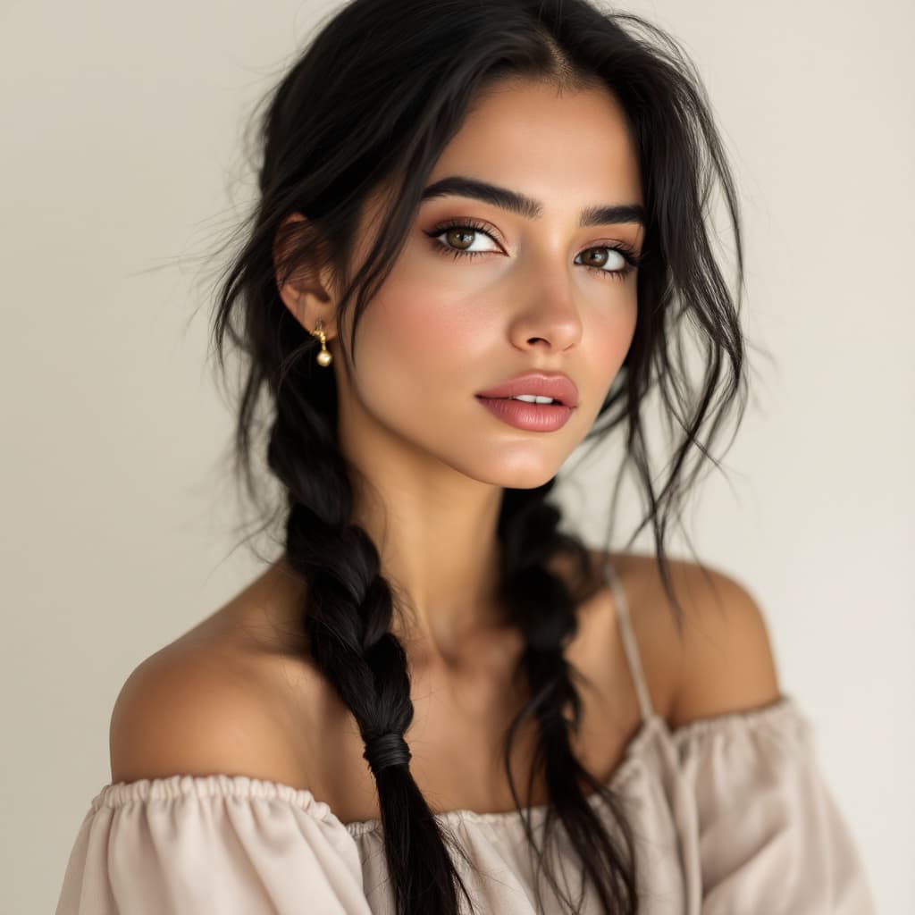 AI generated: A 23-year-old Moroccan woman with golden-olive skin and long black hair tied in a loose side braid, ...
