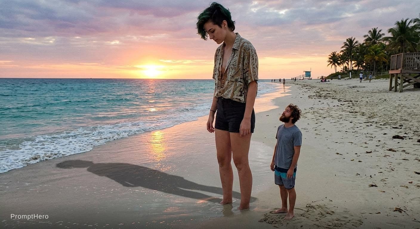 AI generated: 1 Giantess Billie Eilish, 1 Small guy,with Billie Eilish looking at a down angle at the small guy. T...