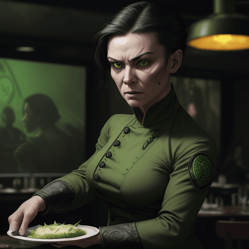 AI generated: restaurant,aggressive female cook,intricate highly detailed formal Chartreuse Earthy green cloth uni...