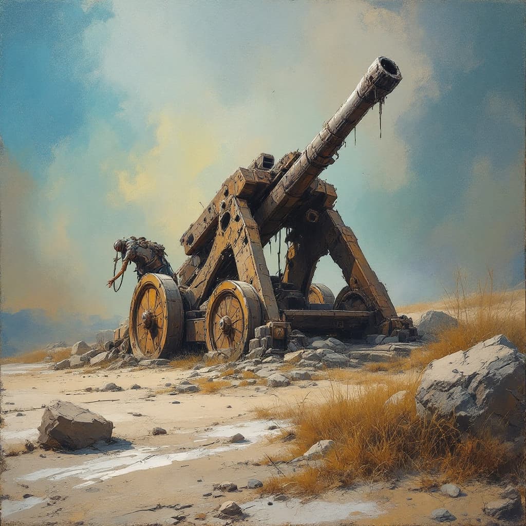 AI generated: in craig mullins' art style, large paintstrokes, early medieval catapult, grim/pastel palette, marke...