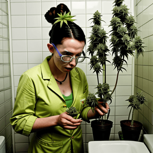 AI generated: a crazy radioactive chemist making marijuana flowers in a small bathroom full of marijuana plants