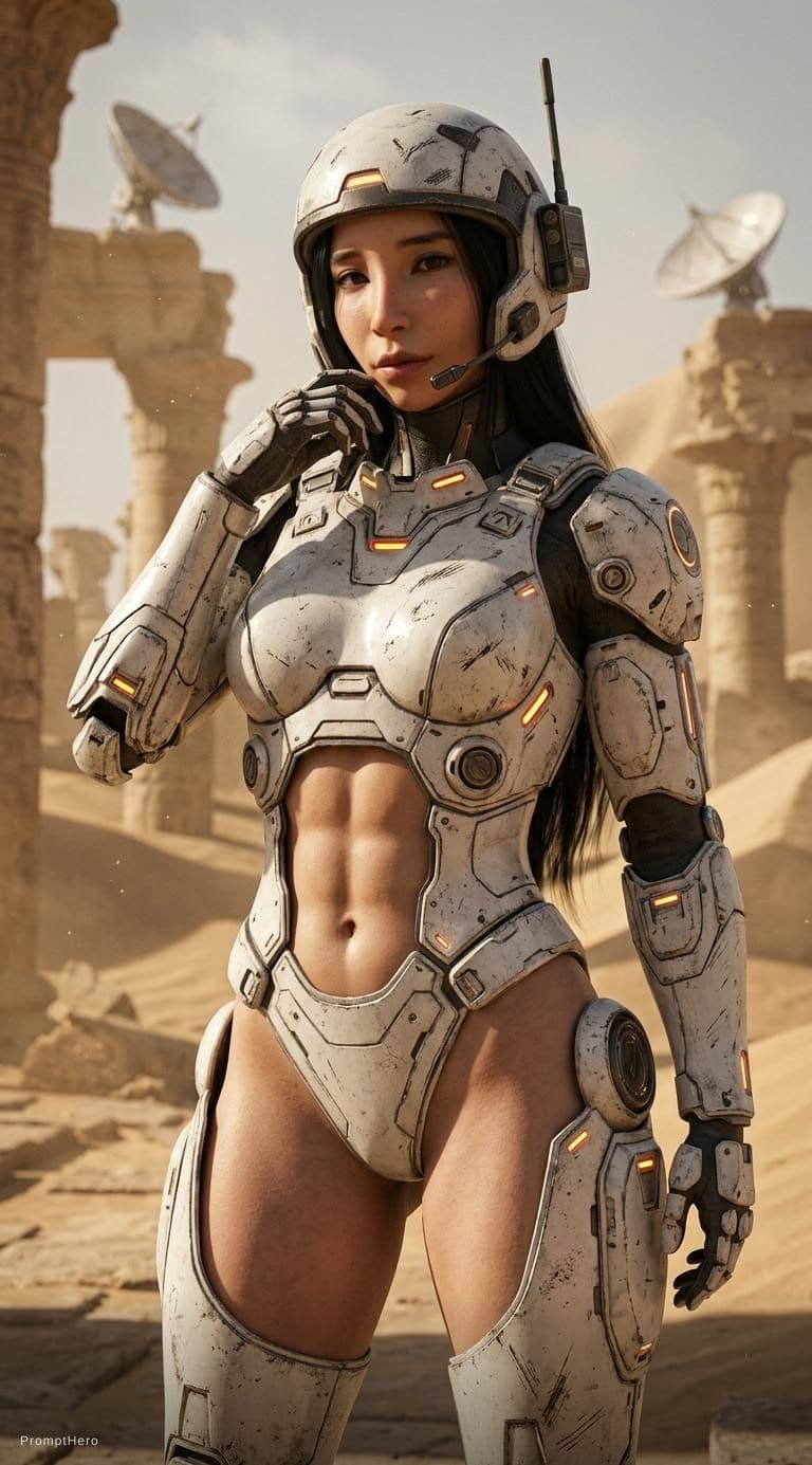 AI generated: A futuristic sci-fi gamer with LONG hair. She wears a half-helmet headgear with a communication devi...