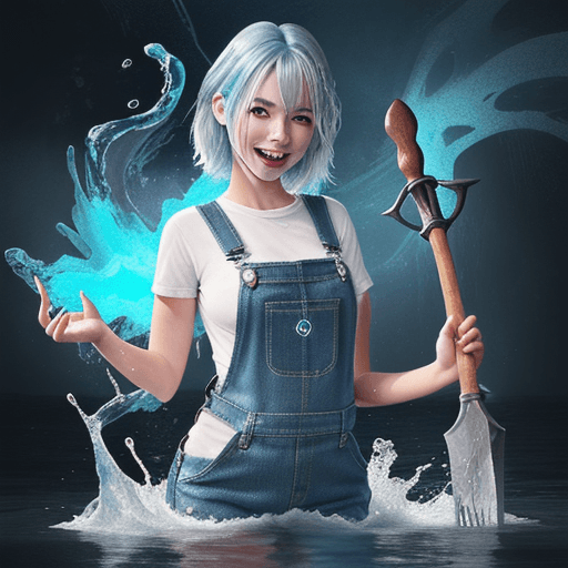 AI generated: a woman that is standing in the water, an axe elemental, blue overalls, cheerful colors, girl silver...