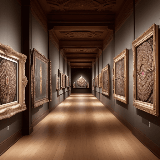 AI generated: A vast, well-lit exhibition hall inside a museum, with four large, ornately carved wooden frames mou...