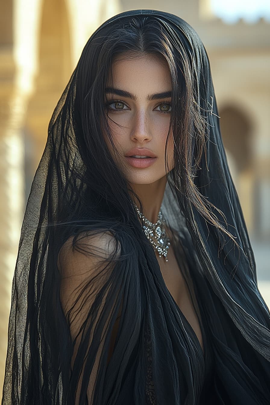 AI generated: Breathtakingly beautiful Middle Eastern woman in flowing black traditional clothing with no gold, ad...