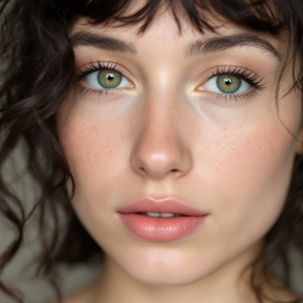 AI generated: Close-up portrait of a woman with green eyes, soft features, and dark curly hair with loose bangs an...
