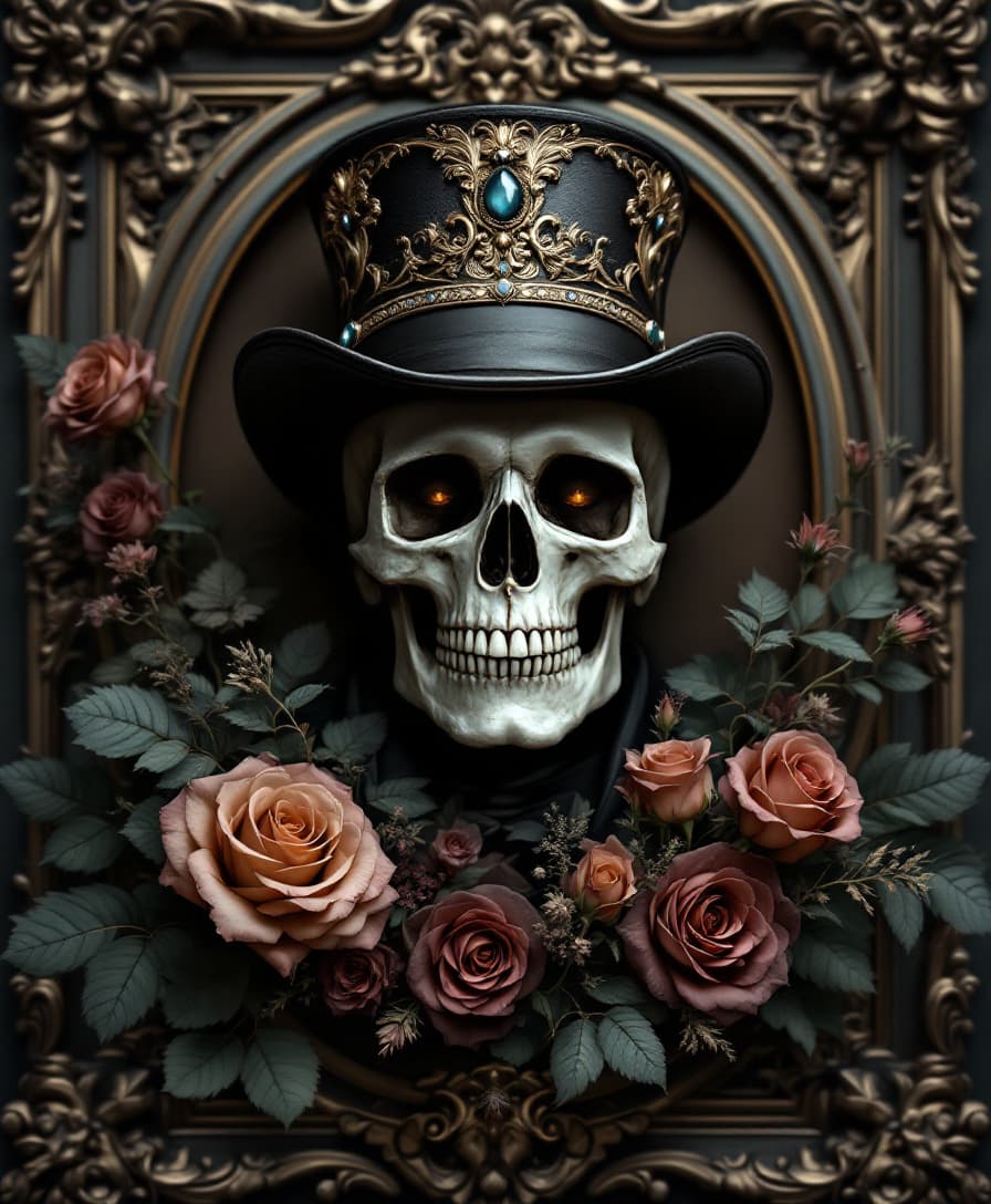 AI generated: Skull wearing ornate top hat, surrounded by roses and decorative foliage, centered in frame.  Detail...