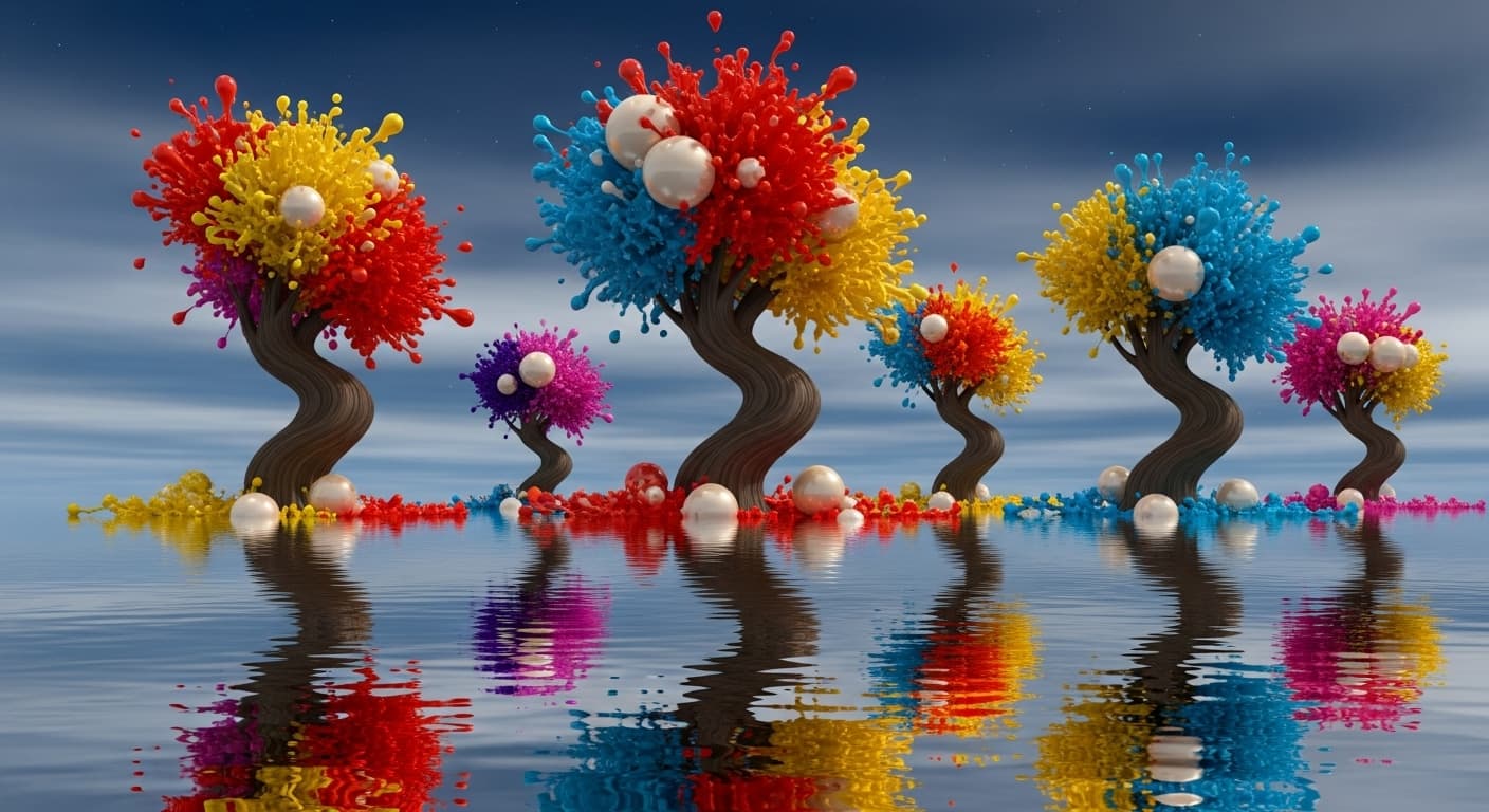 AI generated:   une abstraction  sur un canvas liquide d ,un  paysage aux couleurs d,automne 3d  avec des arbres  ...