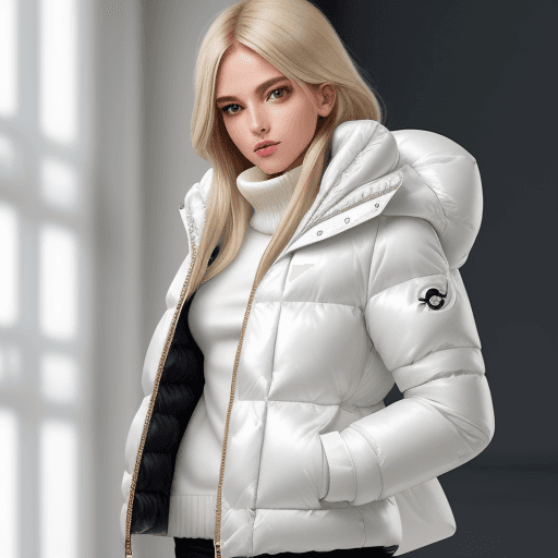 AI generated: girl model down jacket cotton padded jacket white Color O-silhouette cocoon slim fit or fitted lamé ...
