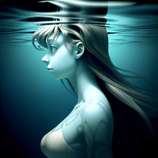 AI generated: alice floating horizontally under water.
realistic, not creepy
looking towards the top
 arm pointing...