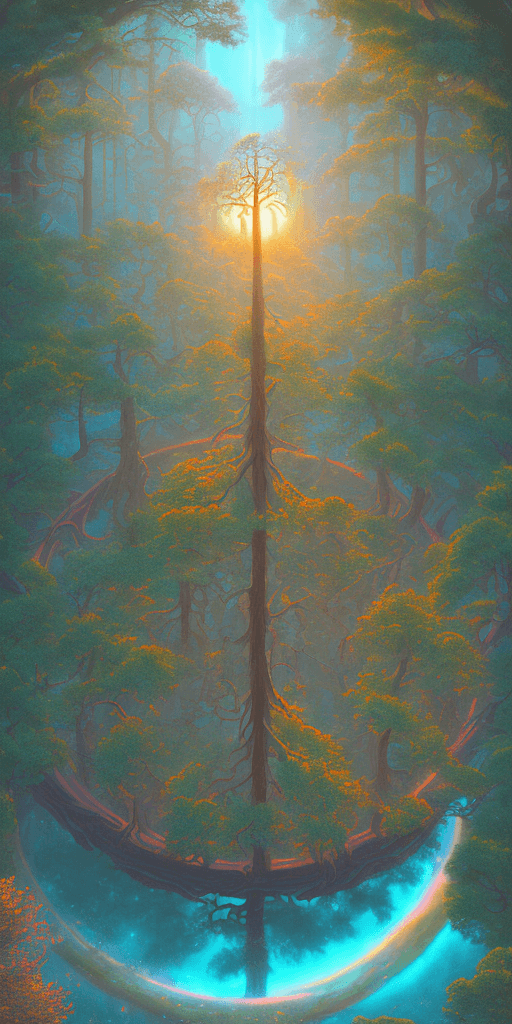 AI generated: a large circle of a person above a tree in an image, in the style of vibrant fantasy landscapes, tea...