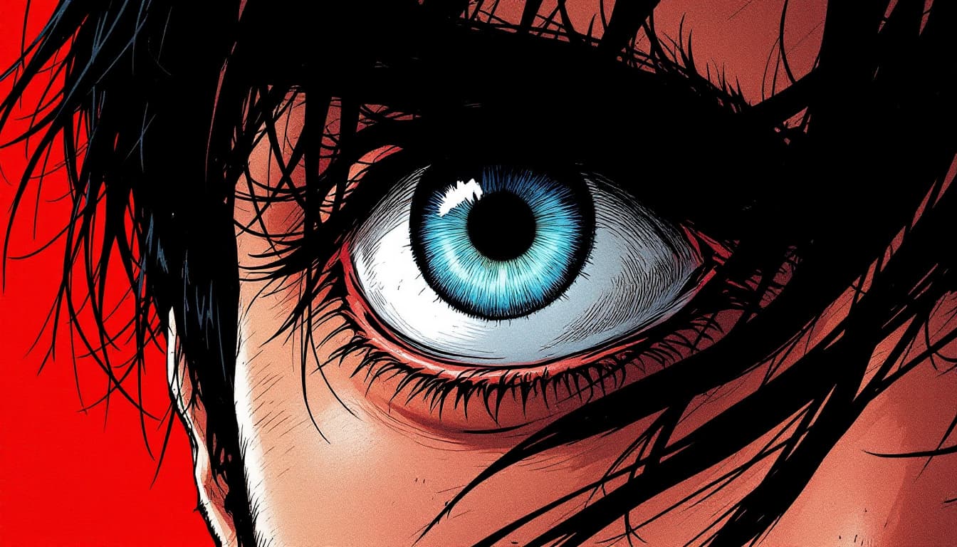 AI generated: manga panel of a close-up eye, intense, against a dark red background, in the style of Kentaro Miura...