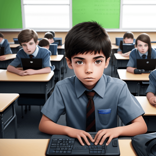AI generated: School-age boy, inside a modern classroom full of computers.

