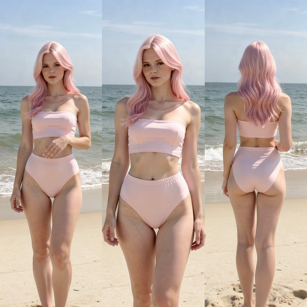 AI generated: Mujer con cabello rosa cuerpo voluntuoso piel blanca tetas medianas nalgas grandes ojos café miel ta...