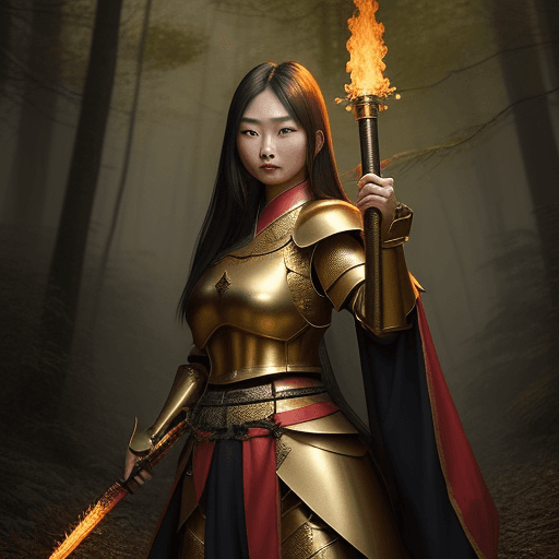 AI generated: a beautiful Asian woman, dressed in medieval warrior costume, golden metal armor, in the middle of t...