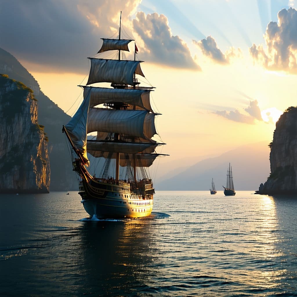 AI generated: Photo of a ultra realistic sailing ship, dramatic light, pale sunrise, cinematic lighting, battered,...