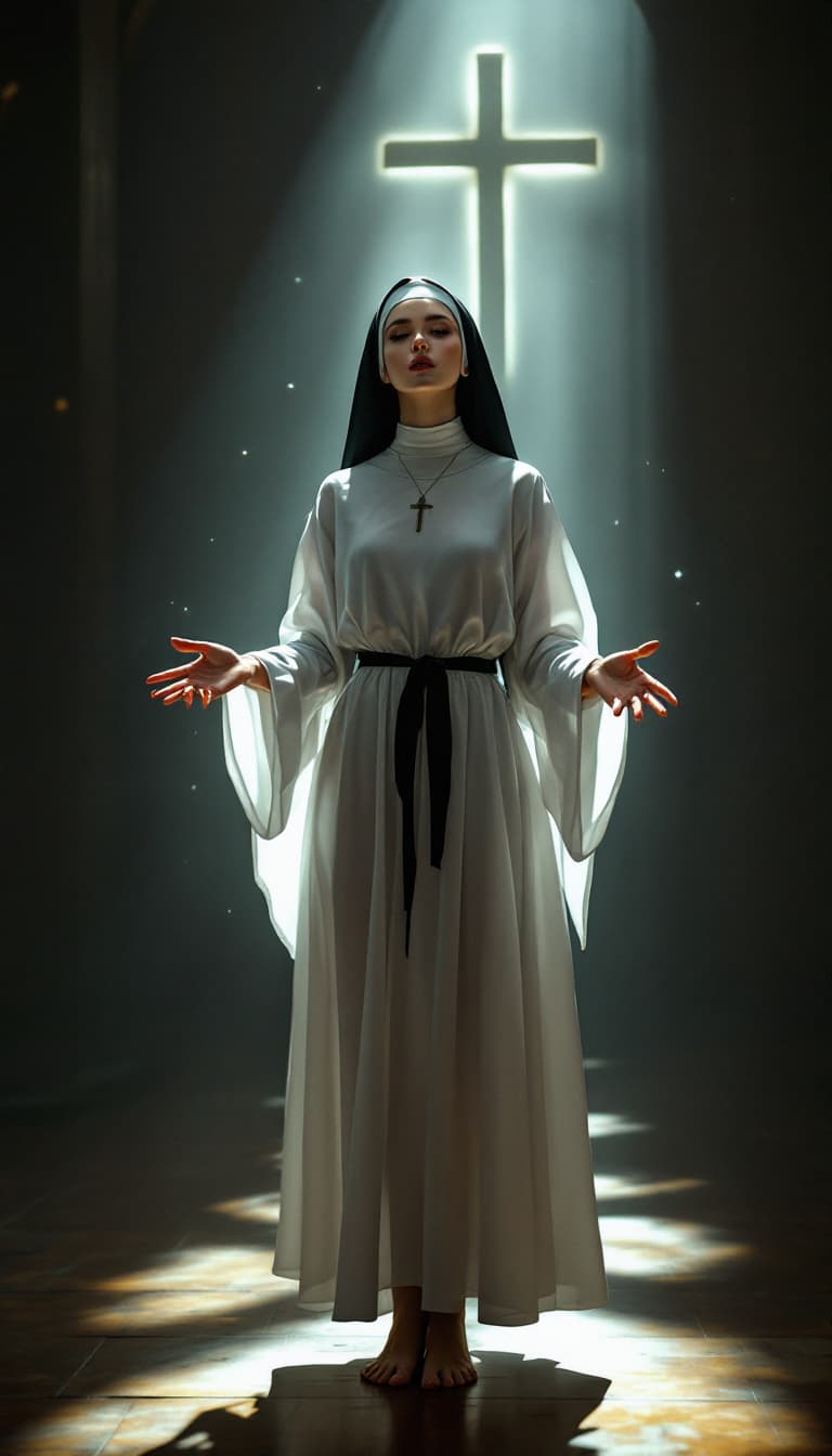 AI generated: Full body view of Hyper realistic full body view of beautiful 20yo nun,  long legs, very big breast,...