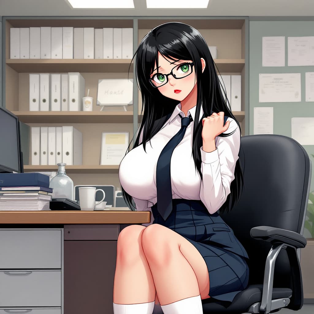 AI generated: woman, black hair, long hair, green eyes, black glasses, red lips, white shirt, black tie, black bla...
