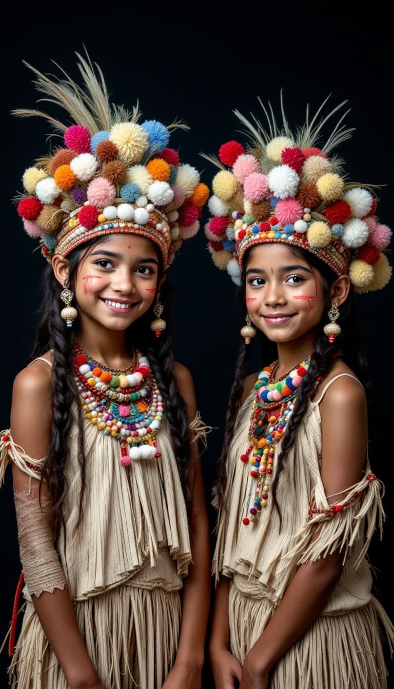AI generated: Two young girls, likely Indigenous South American,  circa 50-70 years old,  are dressed in elaborate...