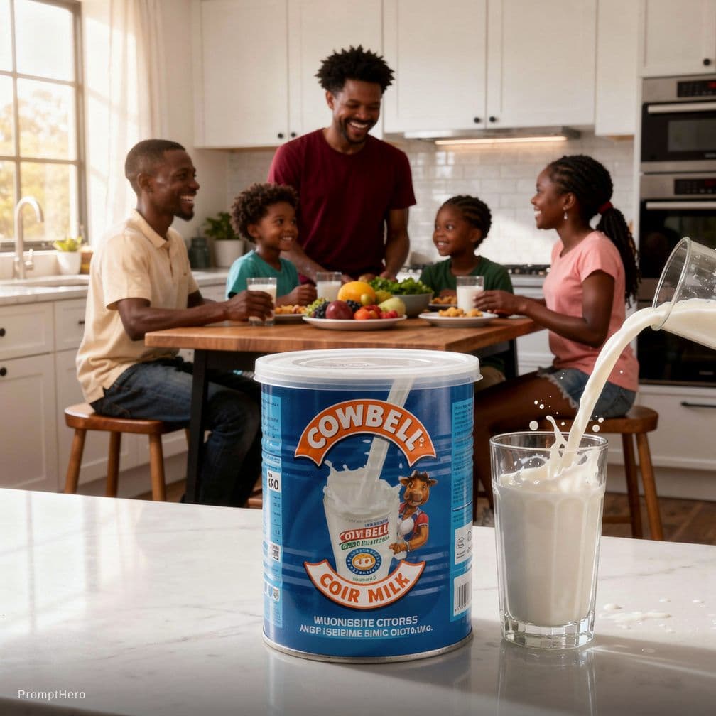 AI generated: Commercial milk advertisement for Cobeille en Boit, featuring smiling African family enjoying a heal...