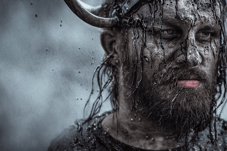 AI generated: Close-up of Viking King emerging from wet black mud :: Dark metal helmet with two large black horns ...