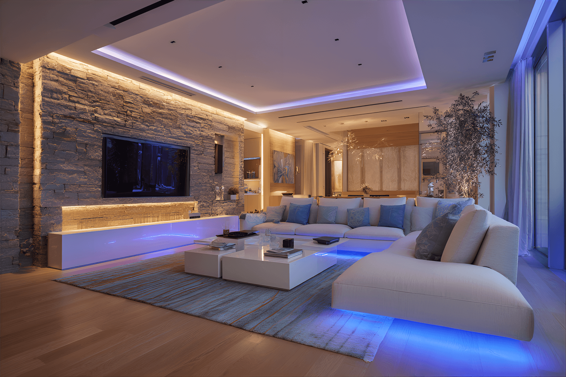 AI generated: photography, the room blends clean lines, organic textures and smart technology, embodying modern in...