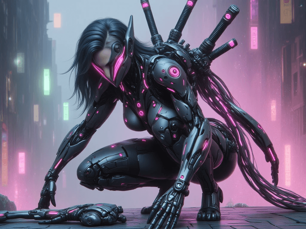AI generated: Cyberpunk, female robot samurai, crouches on one knee examining a severed arm on the ground, the sam...