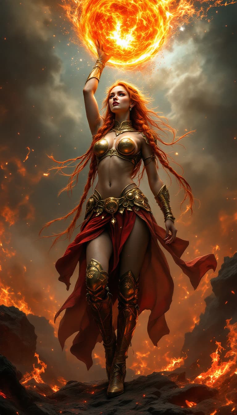 AI generated:  A striking full-body portrait displays a woman of extraordinary beauty, holding aloft a large, glow...