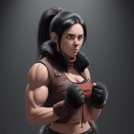 AI generated: Female adventurer, black hair, pony tail, muscular, big arms, abs, fur-lined dark red vest, midriff,...