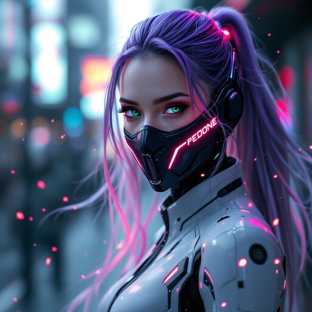 AI generated: In a breathtaking 8K wallpaper, a stunning female android combatant from the future stands in the st...