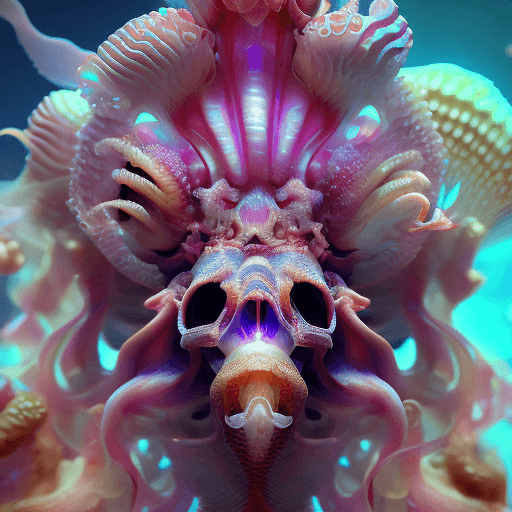 AI generated: Goddess close-up portrait ribcagel. jellyfish phoenix head, nautilus, orchid, skull, betta fish, bio...