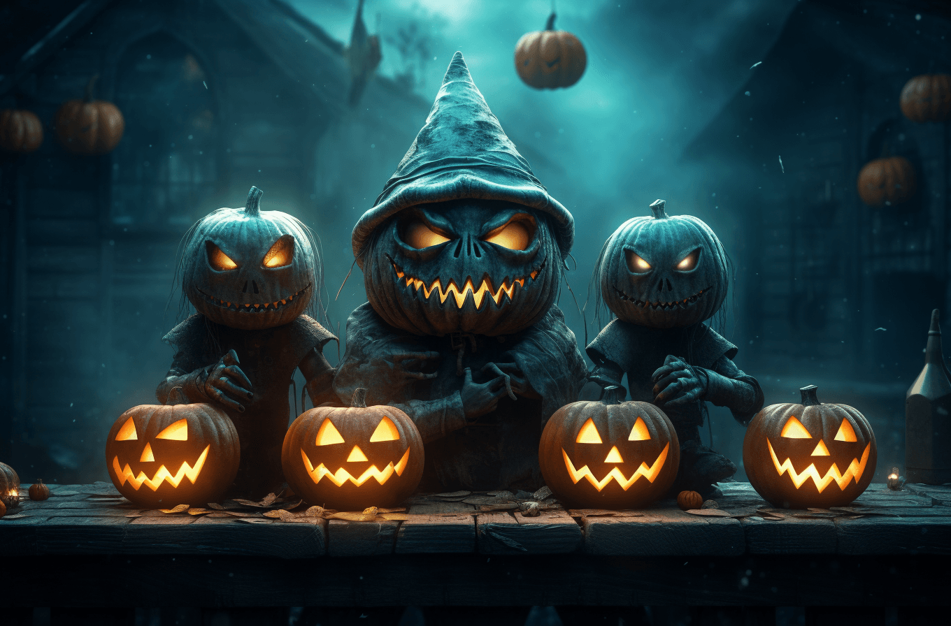 AI generated: three pumpkins sitting on a table in a green hut behind colorful lights at night time, in the style ...