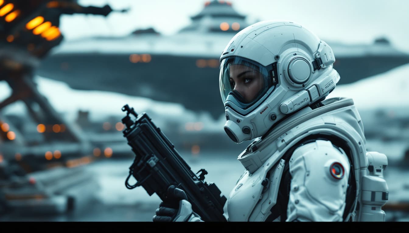 AI generated: armed female figure in white sci-fi spacesuit, on spaceport, sci-fi ship in the background, overcast...