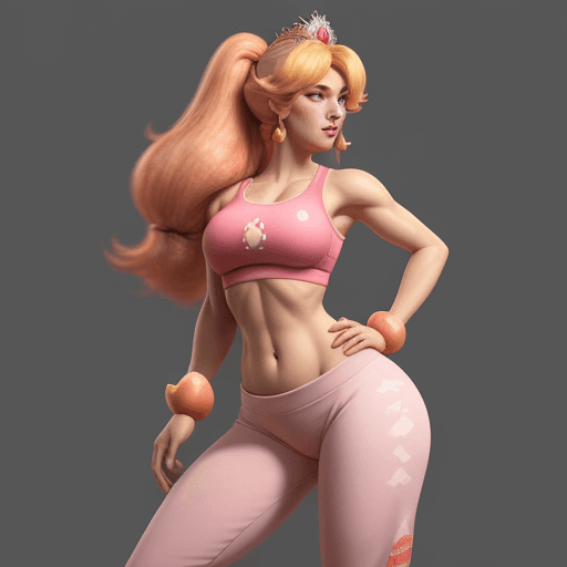 AI generated: live action extremely hot princess peach in tight sports bra with mushroom on it, and sweatpants. Di...