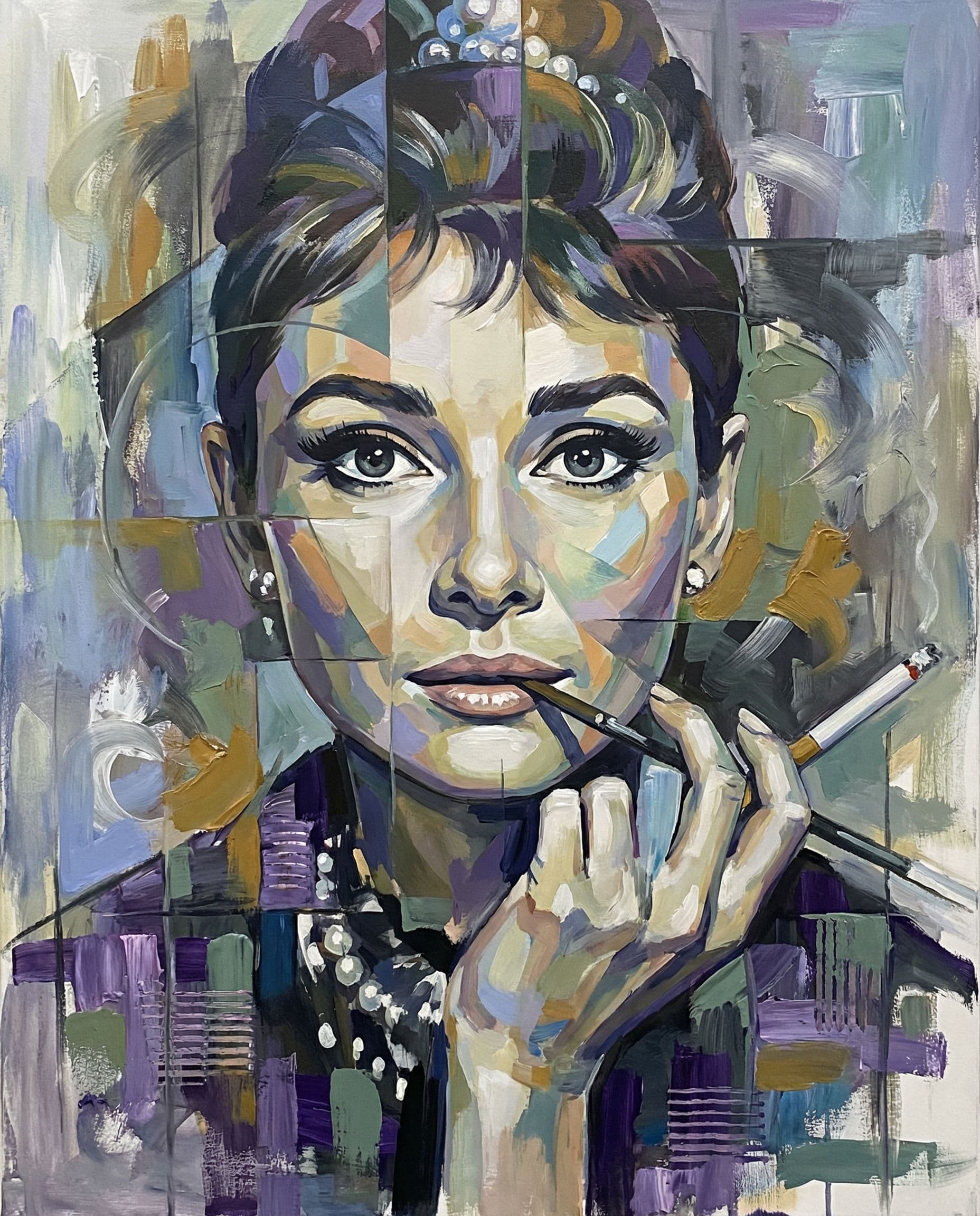 AI generated: an abstract painting of my image featuring the face of audrey…