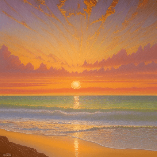 AI generated: Impressionist oil painting of a beach at sunset with a narrow aspect ratio by Amanda Sage