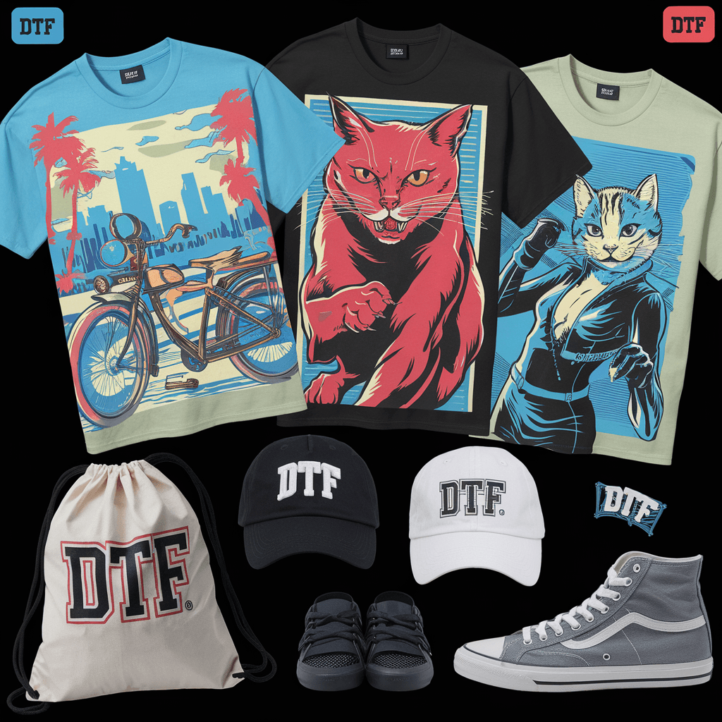 AI generated: Vibrant collection of apparel and accessories, featuring three graphic t-shirts on a black backgroun...